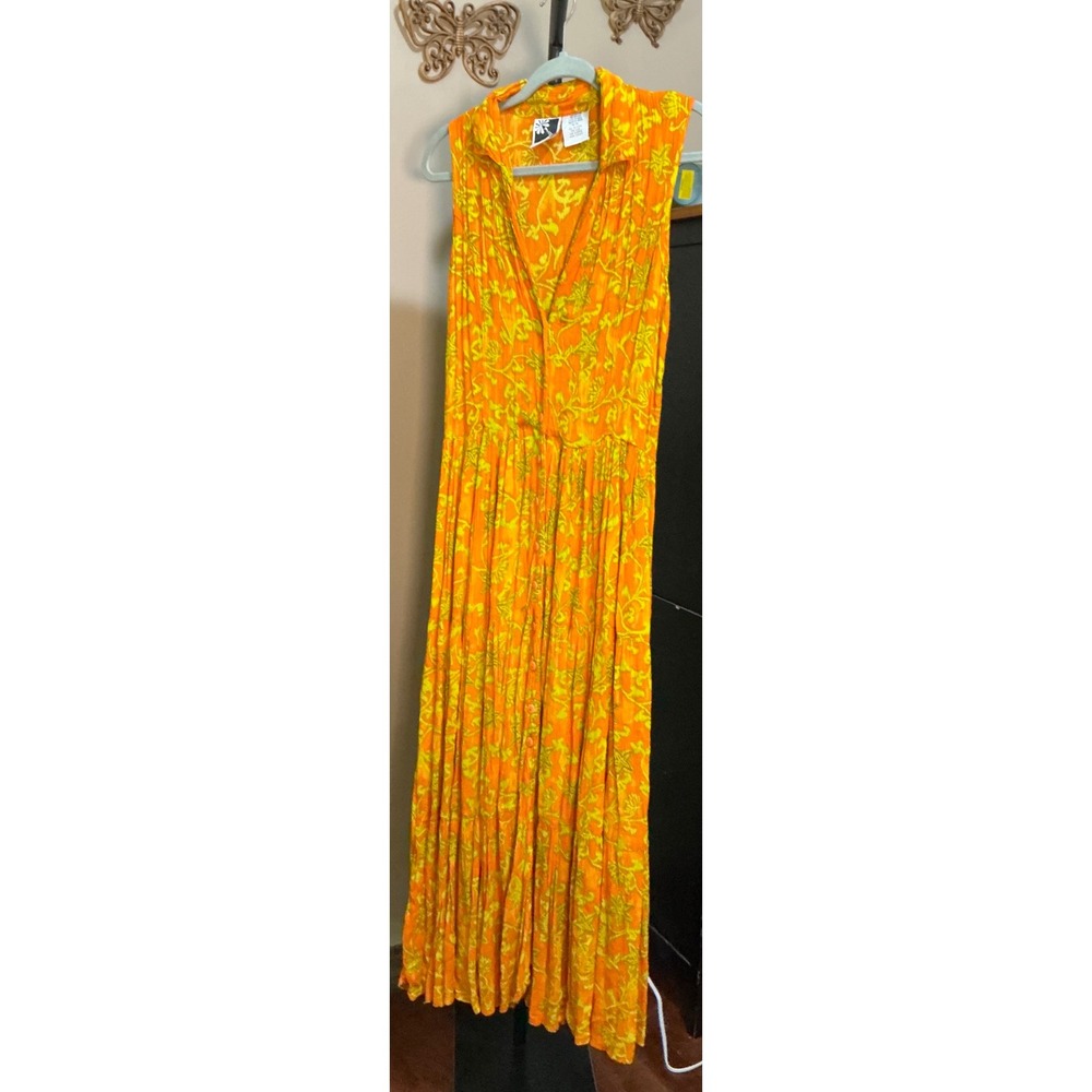 Phool Orange Yellow Floral Paisley Sleeveless Maxi Dress Boho Rayon Button Front